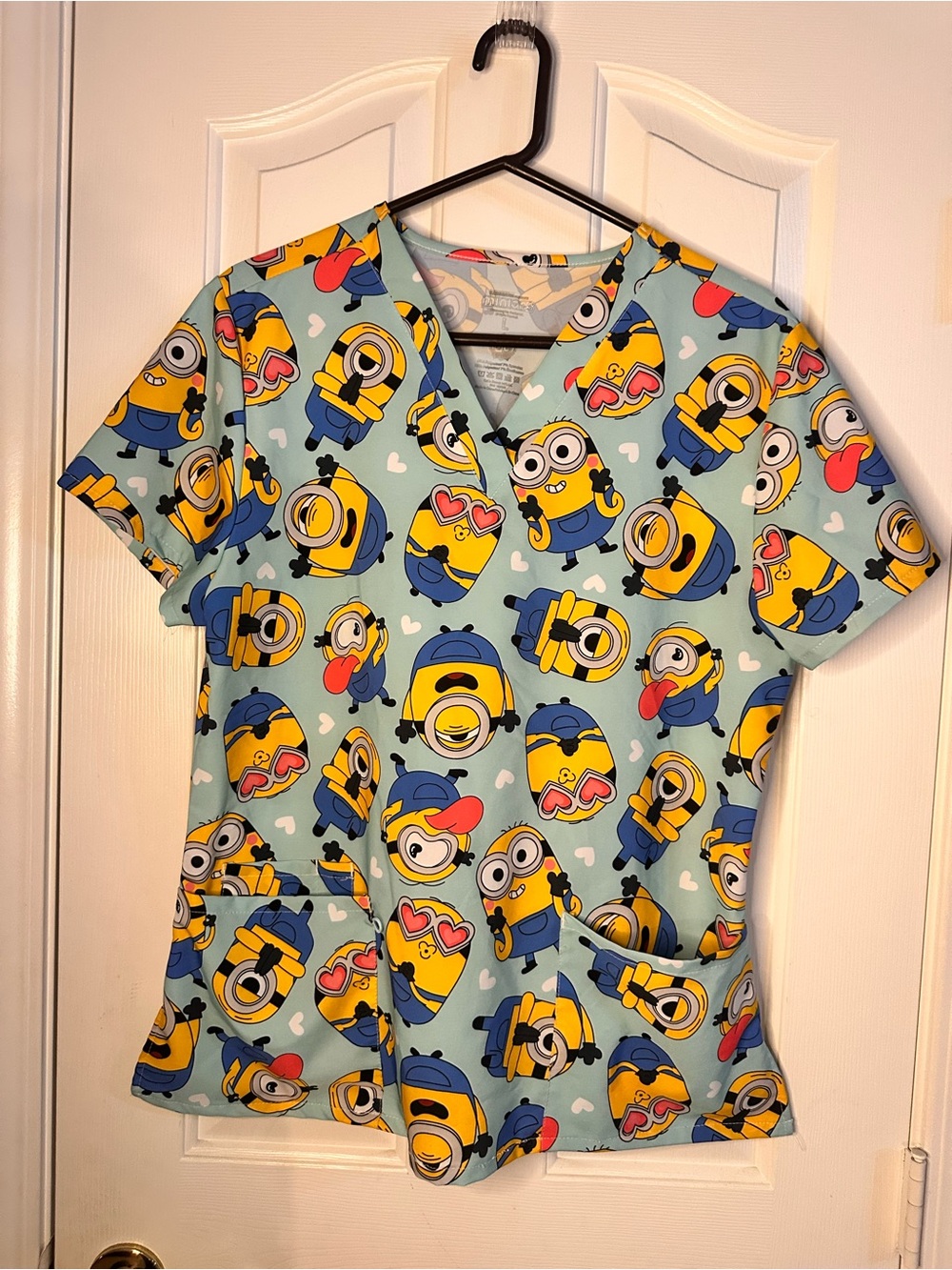 Light Blue Minions Print Short Sleeve Scrub Top Uniform Top